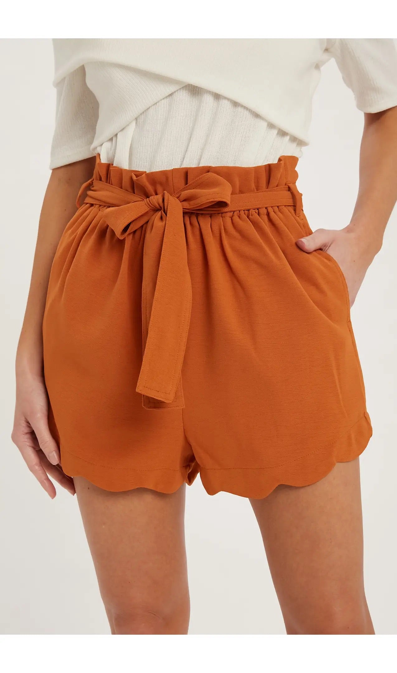 Scallop Hem High Waisted Shorts in Terracotta