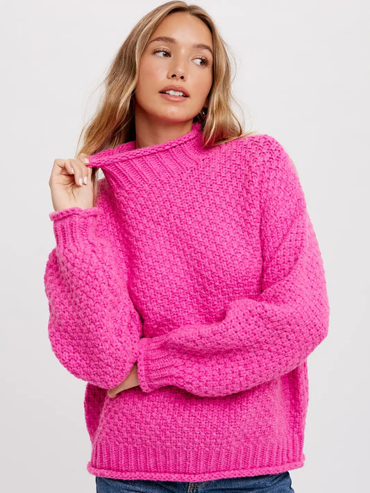 Hot Pink Chunky Waffle Neck Pullover