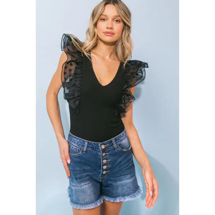Ribbed Knit Bodysuit with organza ruffles