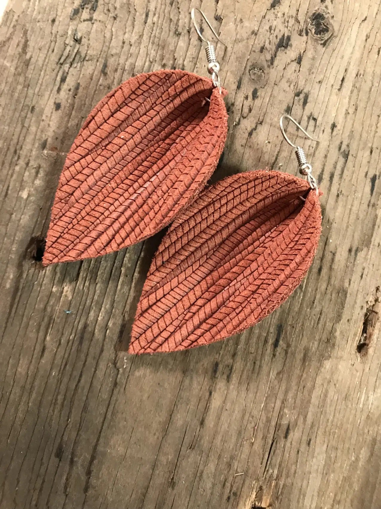 Cinnamon Palm Leaf Textured Leather Earring