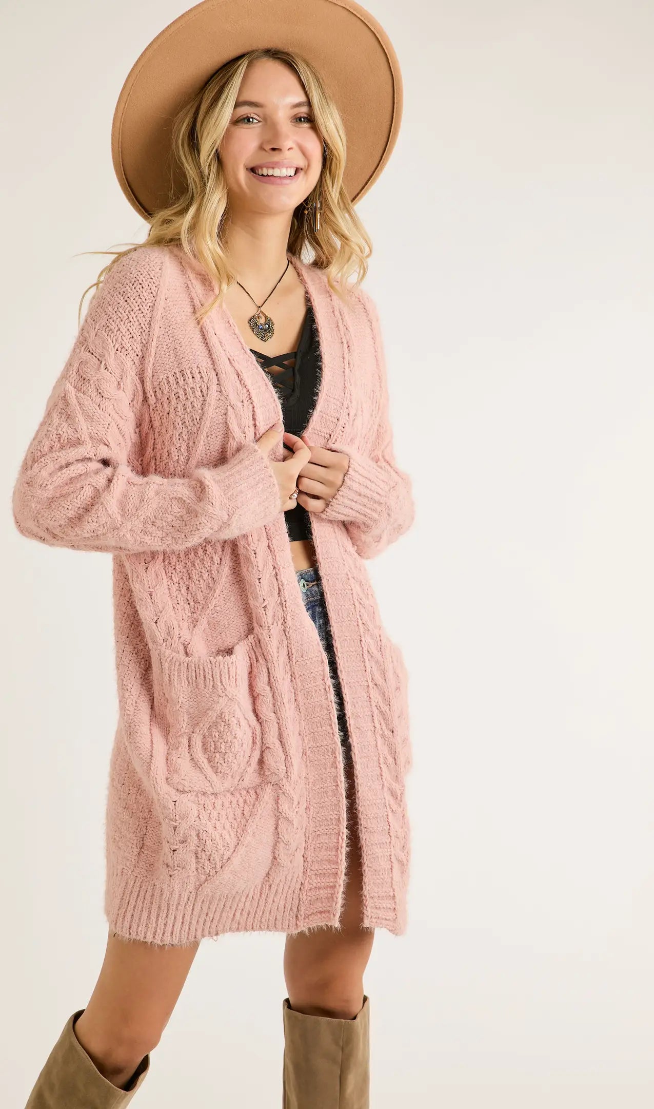 Blush Cable Knit Open Cardigan