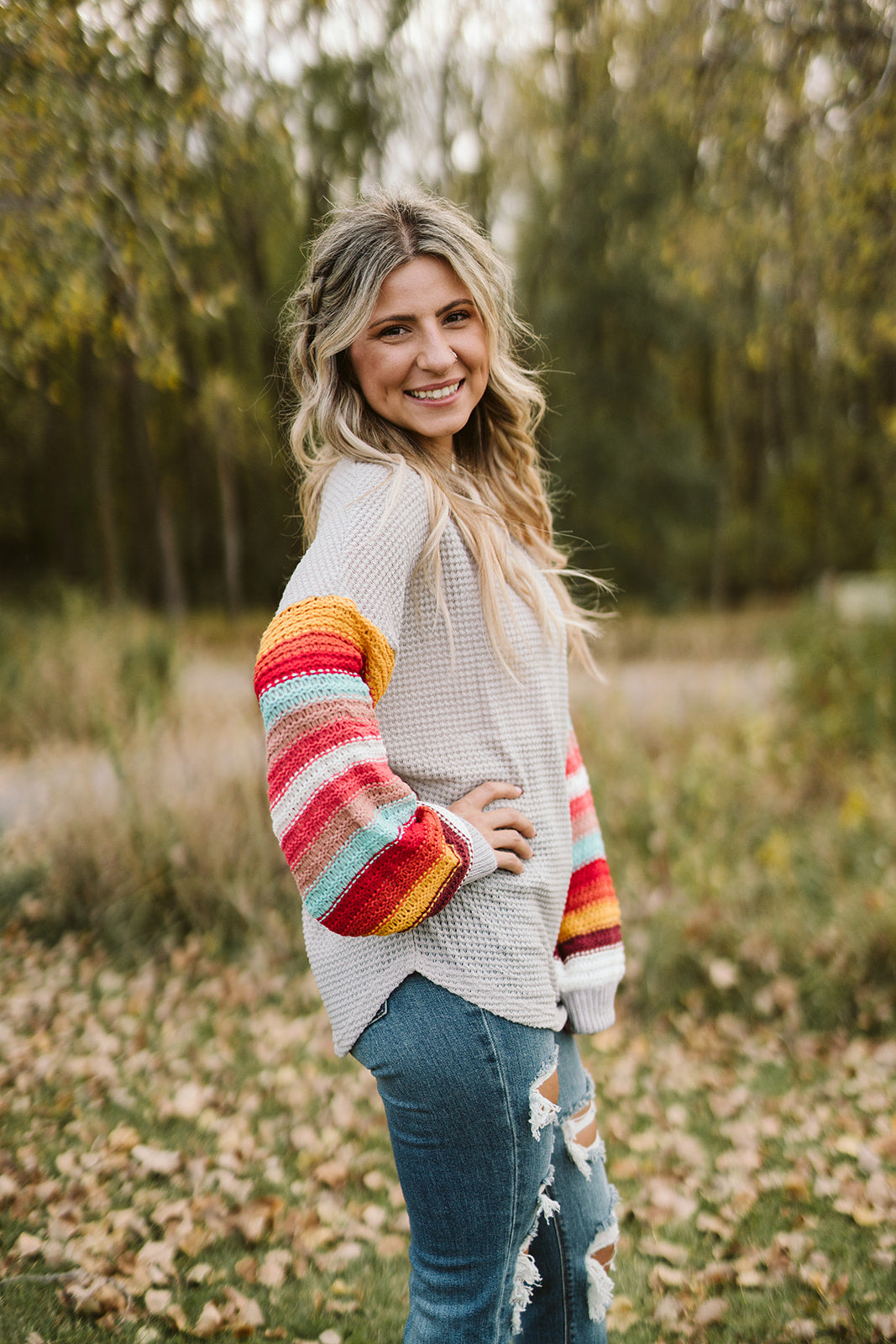 Striped balloon sleeve clearance sweater