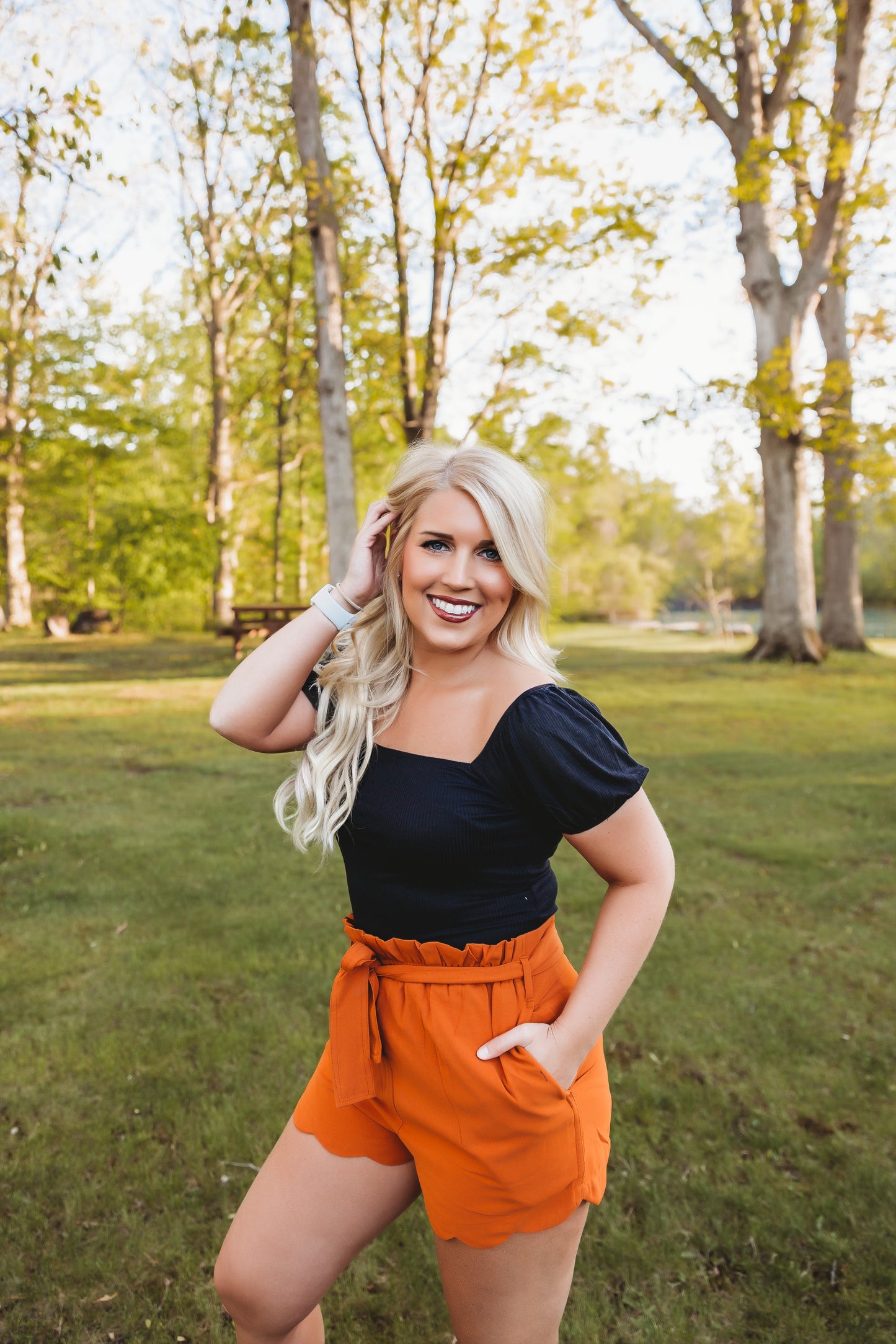 Scallop Hem High Waisted Shorts in Terracotta