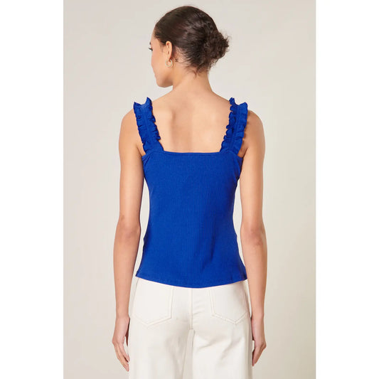 Blue Ruffle Strap Tank