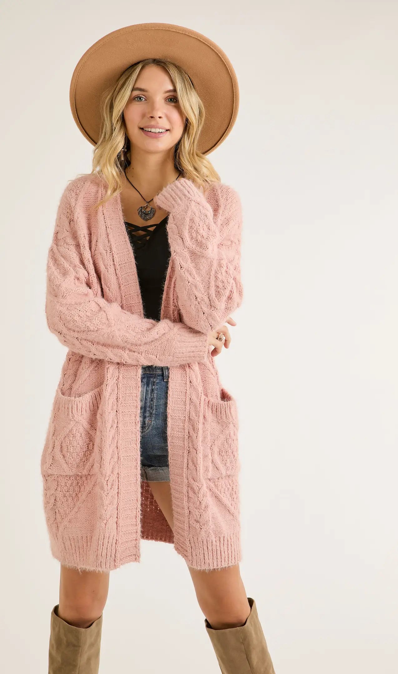 Blush Cable Knit Open Cardigan