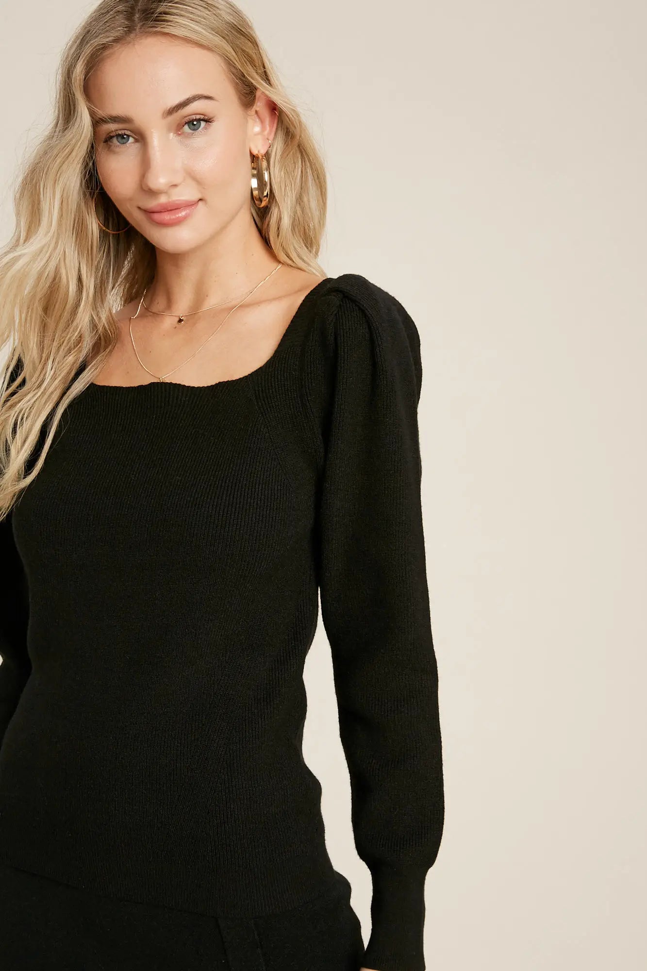 Black Puff Sleeve Tie Back Pullover