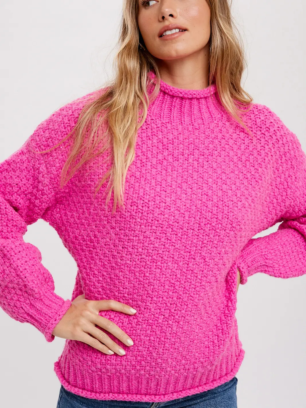 Hot Pink Chunky Waffle Neck Pullover