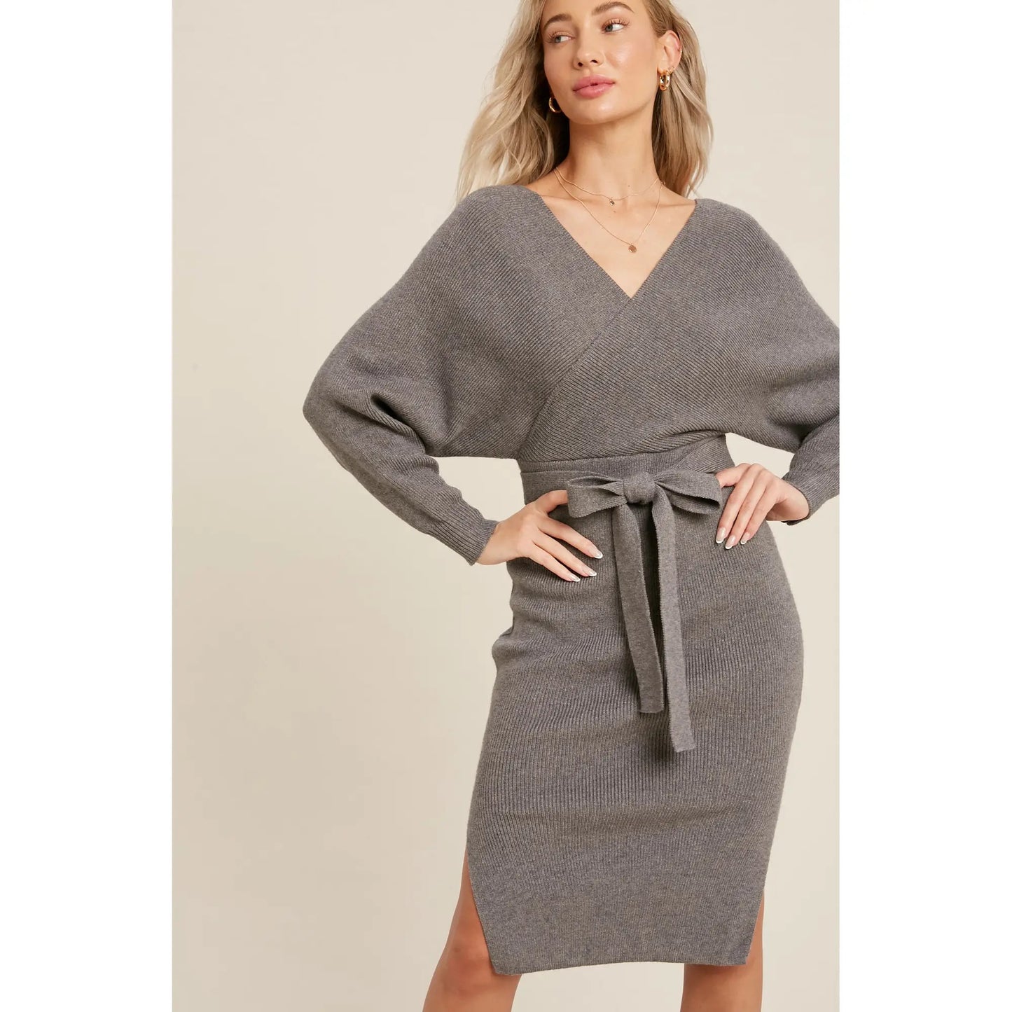 Belted Sweater Dress Charcoal Grey