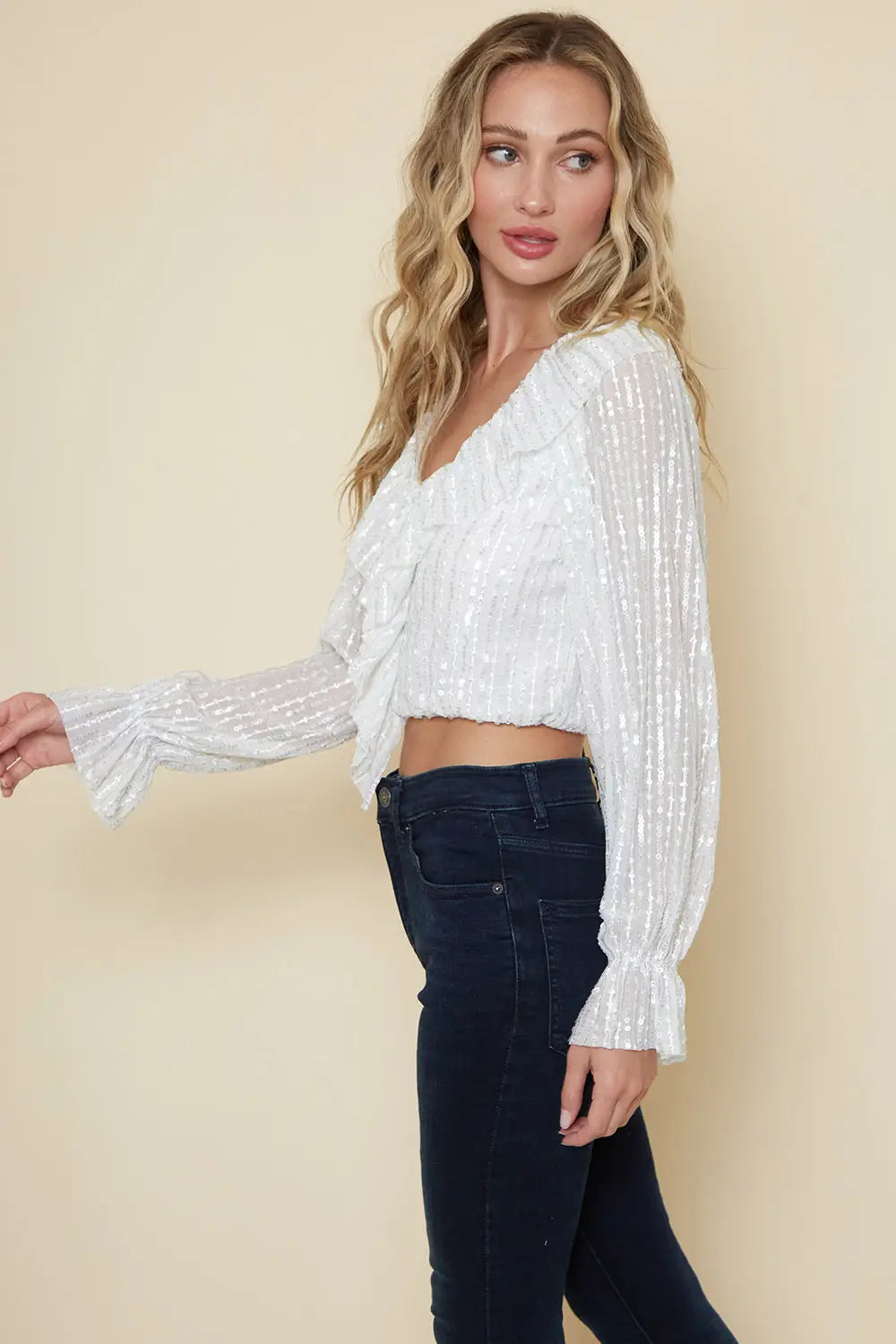 Sequin Ruffled Cropped Blouse