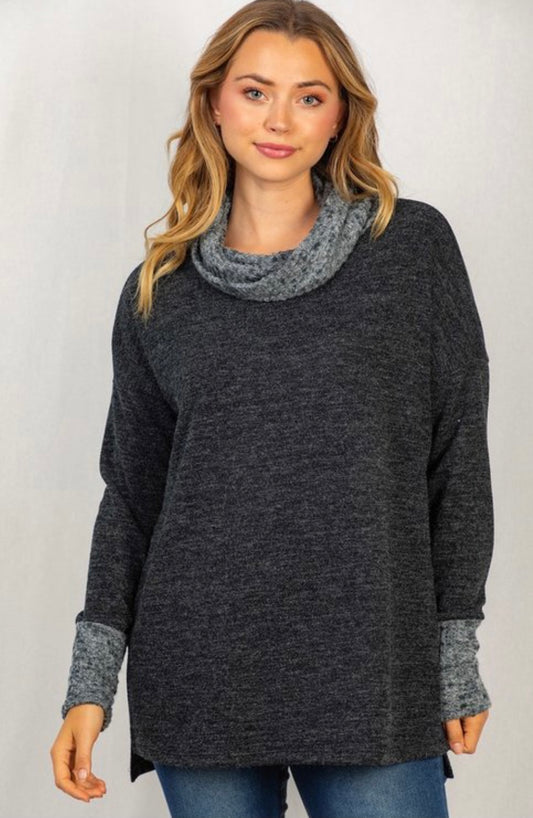 Charcoal Cowl Neck Knit Top