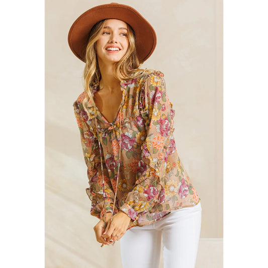 Floral Print Front Tie Blouse