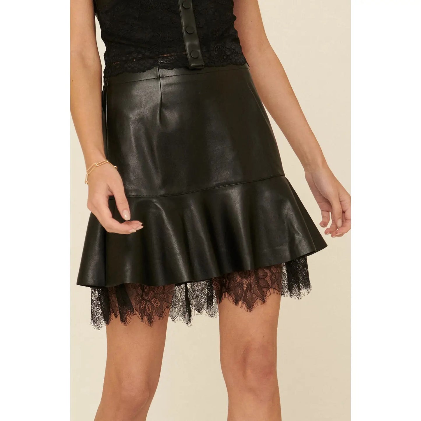 Ruffled Vegan Leather Lace Petticoat Mini Skirt