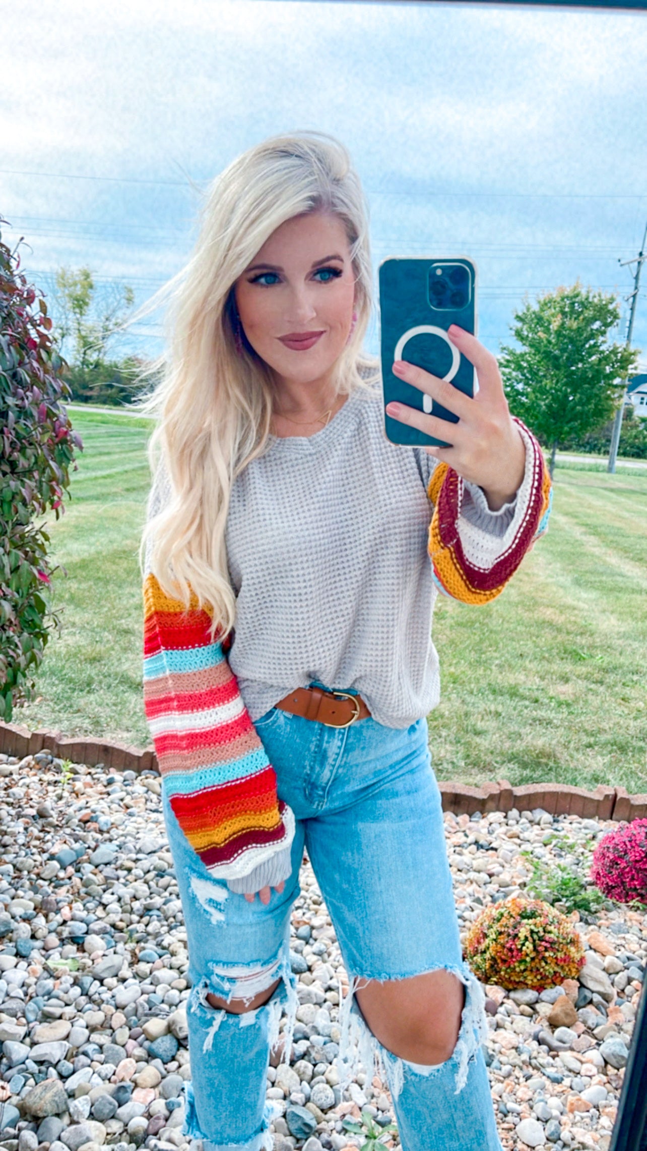 Colorful Striped Balloon Sleeve Sweater