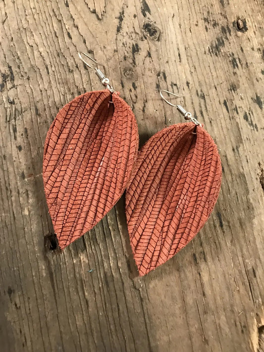 Cinnamon Palm Leaf Textured Leather Earring