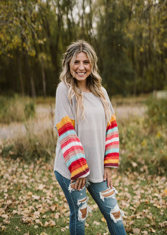 Colorful Striped Balloon Sleeve Sweater